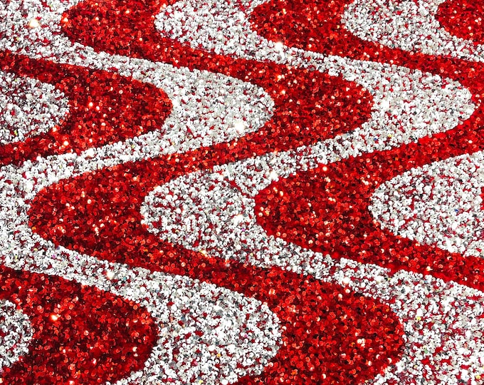 Silver/Red sequin Wave Design On Red stretch velvet all over 5mm shining sequins 2-way stretch, sold by the yard.