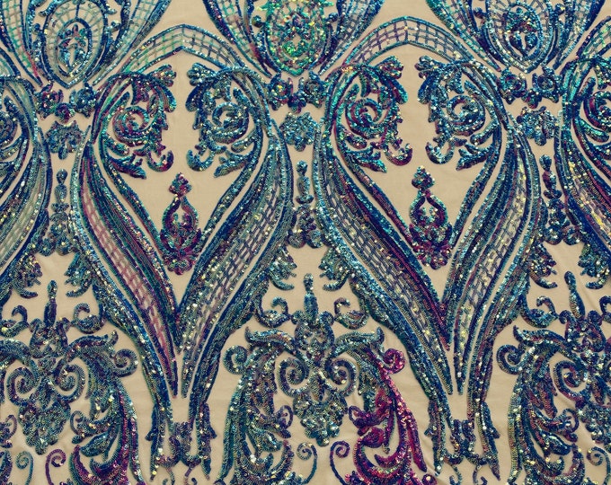 Purple/Lavender iridescent empire damask design with sequins embroider on a Nude 4 way stretch mesh fabric-sold by the yard.