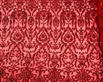 Mesh Sequin Fabric, Red King Damask Design on 4-Way Stretch Material