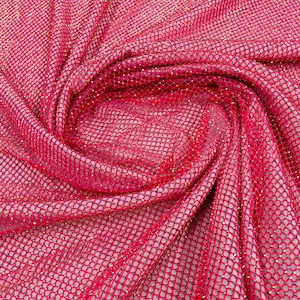Fuchsia AB Iridescent Rhinestones On Soft Stretch Fish Net Fabric 45&quot; Wide -sold by The Yard.