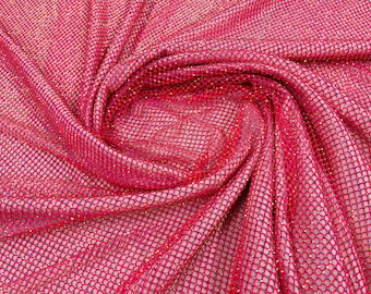 Fuchsia AB Iridescent Rhinestones On Soft Stretch Fish Net Fabric 45" Wide -sold by The Yard.