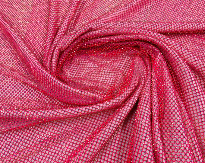 Fuchsia AB Iridescent Rhinestones On Soft Stretch Fish Net Fabric 45" Wide -sold by The Yard.