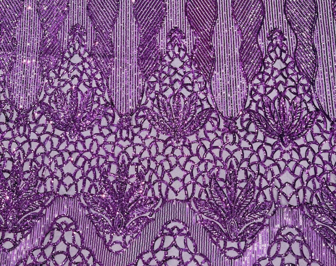 Purple shiny floral damask sequin design on a 4 way stretch mesh-prom-sold by the yard.