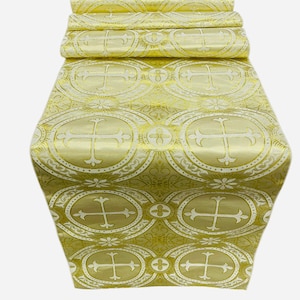 Beige / Gold - Religious Brocade Runner Tablecloth | Liturgical Fabric | Runner Ecclesiastical Jacquard | Church | Vestment - Cross Brocade.