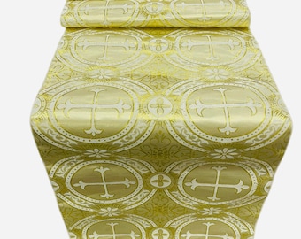 Beige / Gold - Religious Brocade Runner Tablecloth | Liturgical Fabric | Runner Ecclesiastical Jacquard | Church | Vestment - Cross Brocade.