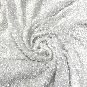 White stretch velvet with luxury sequins all over 5mm shining sequins fabric, sold by the yard.