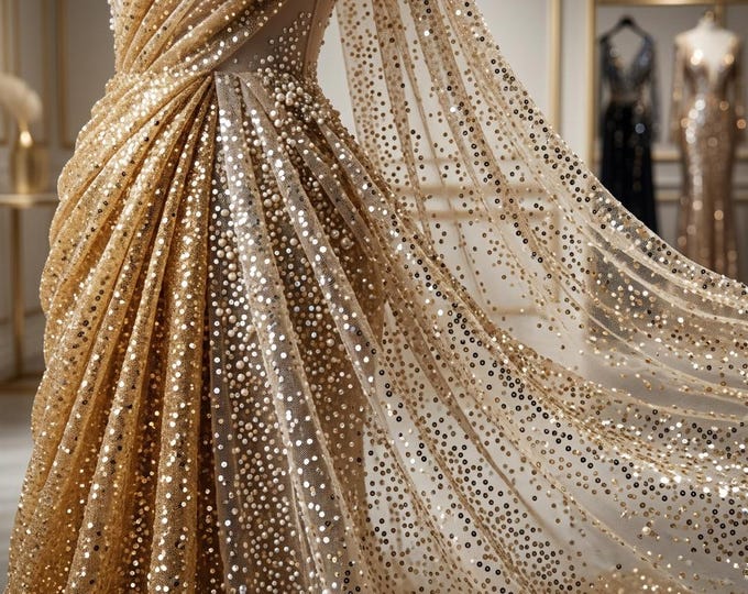 Light Gold Sequin Lace Fabric by the Yard, Luxury Beaded Mesh Lace with Pearls for Wedding Dress, Prom Gown, Couture Fabric
