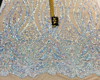 Aqua iridescent phoenix flames sequin design on a 4 way stretch nude mesh-prom-nightgown-sold by the yard-free shipping in the USA-