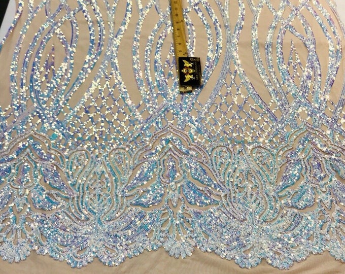 Aqua iridescent phoenix flames sequin design on a 4 way stretch nude mesh-prom-nightgown-sold by the yard-free shipping in the USA-