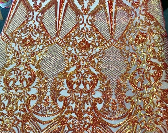 Orange princess design iridescent sequins embroidery on a 4 way stretch nude mesh-dresses-fashion-apparel-nightgown-prom-sold by the yard.