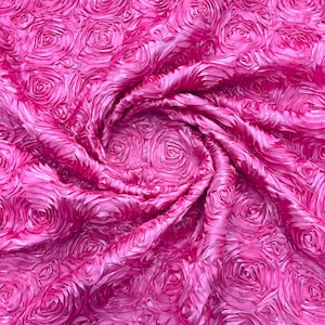 Candy Pink 3D Rosette Embroidery Satin Rose Flowers  Floral on a satin Fabric by the yard.