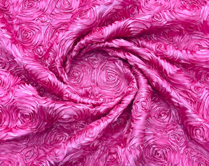 Candy Pink 3D Rosette Embroidery Satin Rose Flowers  Floral on a satin Fabric by the yard.