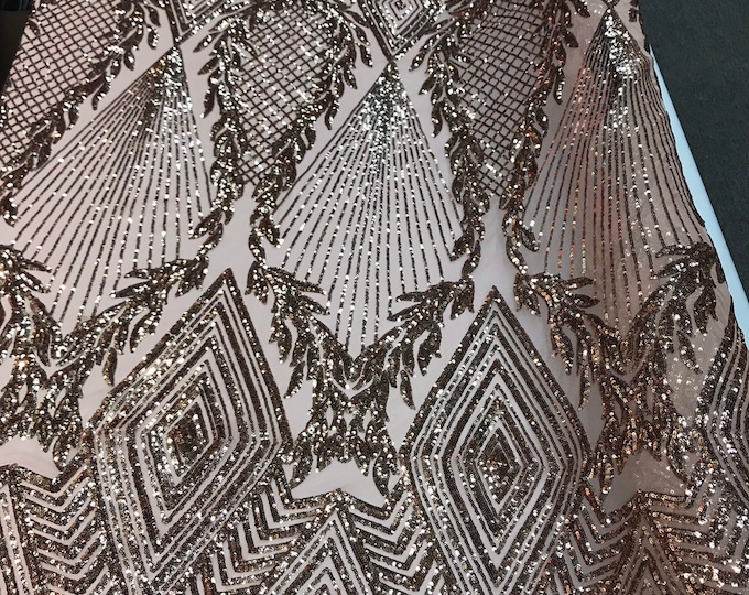 Khaki-nude geometric diamond design with shiny sequins on a 4 way stretch mesh-dresses-prom-nightgown-sold by yard-free shipping in the USA.
