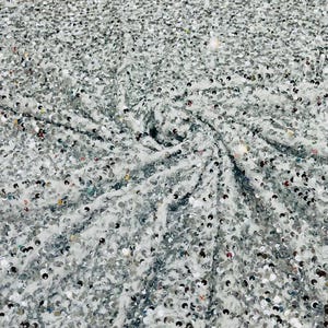 Silver / White stretch velvet with luxury sequins all over 5mm shining sequins 2-way stretch, sold by the yard.