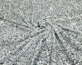 Silver All-Over 5mm Shiny Sequins White Stretch Velvet 54" Wide.