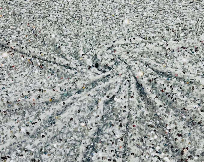 Silver / White stretch velvet with luxury sequins all over 5mm shining sequins 2-way stretch, sold by the yard.