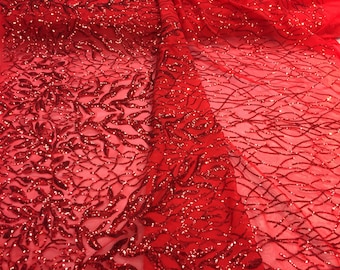 dazziling red fashion tree embroider with Sequins on a mesh lace-prom-nightgown-decorations-sold by the yard
