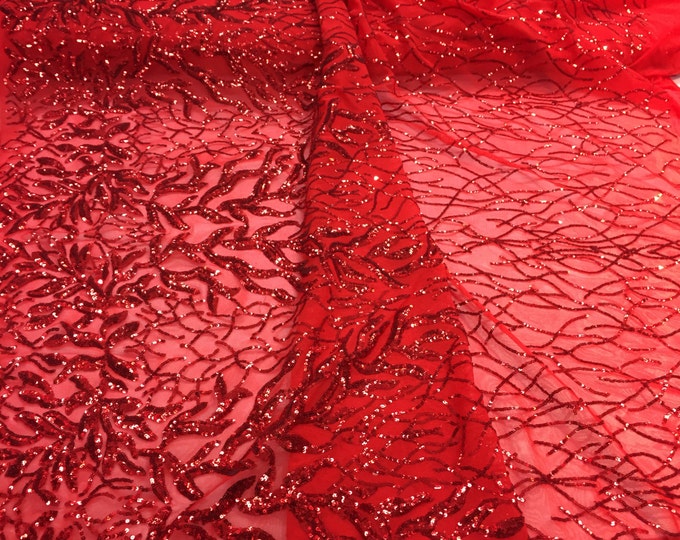 dazziling red fashion tree embroider with Sequins on a mesh lace-prom-nightgown-decorations-sold by the yard