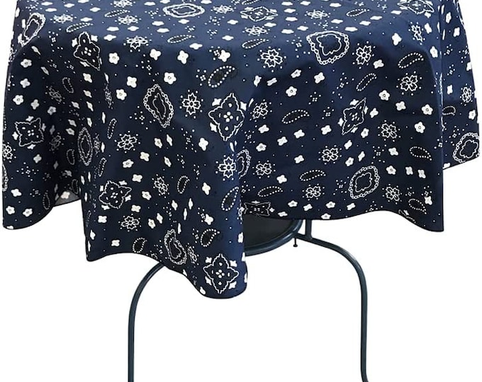 New Creations Fabric & Foam Inc, Round Print Poly Cotton Tablecloth (Bandanna Navy, Choose Size Below