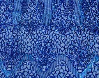 Royal Blue shiny floral damask sequin design on a 4 way stretch mesh-prom-sold by the yard.