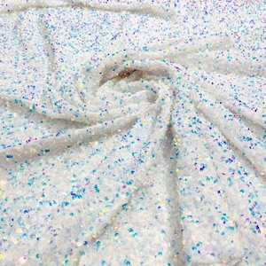 Clear Iridescent / White stretch velvet with luxury sequins all over 5mm shining sequins 2-way stretch, sold by the yard.