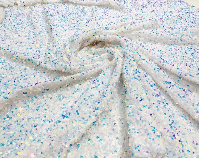 Clear Iridescent / White stretch velvet with luxury sequins all over 5mm shining sequins 2-way stretch, sold by the yard.