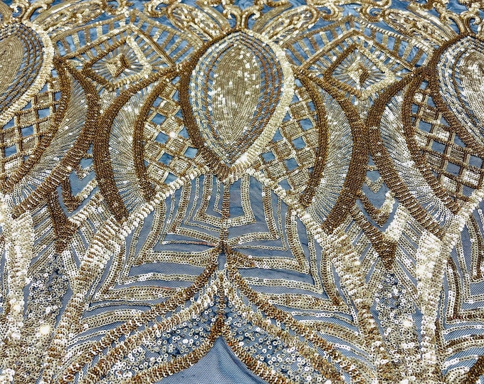 Gold royalty sequin design on a black 4 way stretch mesh-prom-sold by the yard.