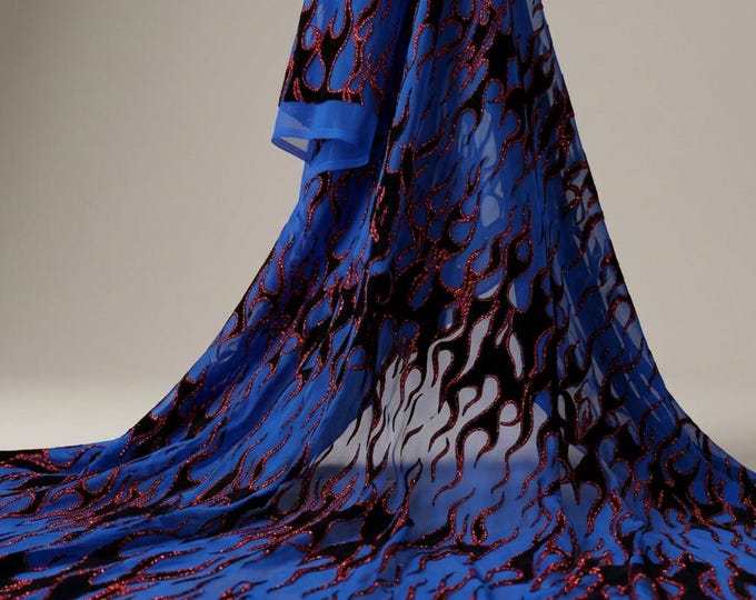 Royal Blue Flame Fabric 60” Wide | Black Flocked Flames Mesh with Red Glitter | Hot Rod Upholstery, Couture & Costume Fabric