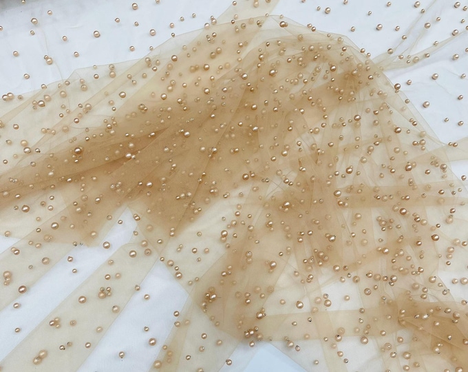 Nude Heavy Scattered Pearls Studded Mesh, 2-Way Stretch, sold by the yard.