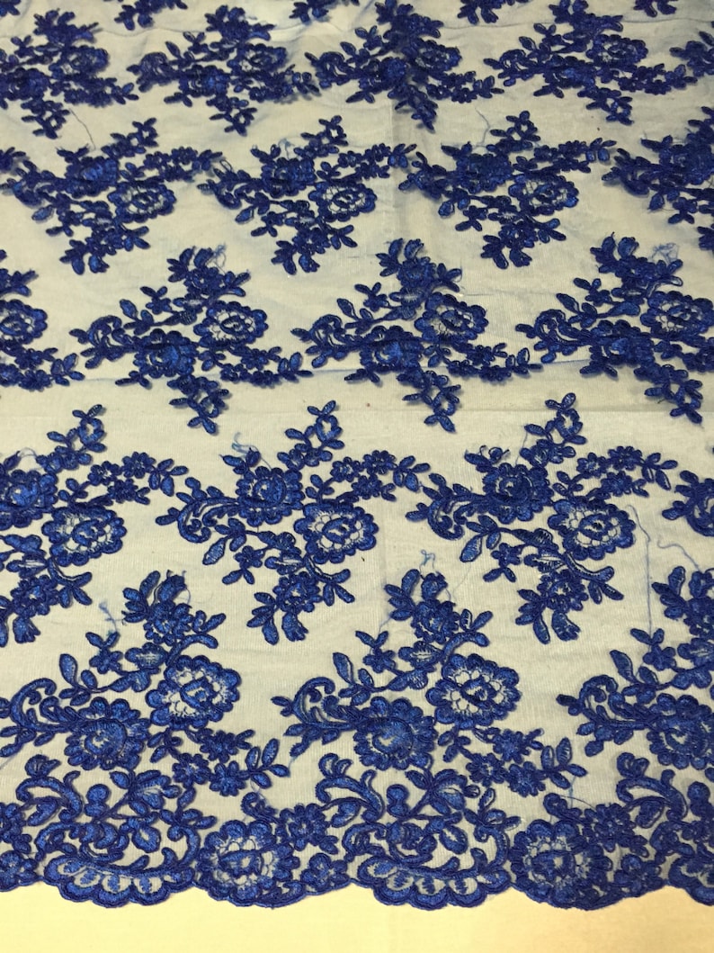 yard Royal blue modern roses embroider and corded on a mesh lace