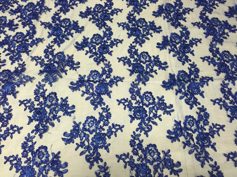 yard Royal blue modern roses embroider and corded on a mesh lace