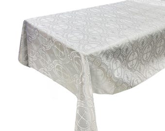 White/Silver - Rectangular Metallic Cross Brocade Jacquard Satin Tablecloth Overlay/Religious Brocade/Liturgical Fabric/Church.