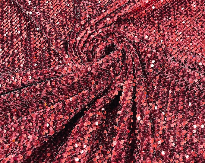 Cranberry Shiny sequins on a stretch velvet fabric-Prom-Nightgown-sold by the yard.