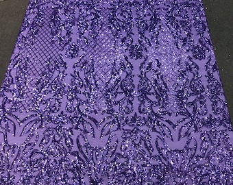 Lavender shiny sequin damask design embroidery on a 4 way stretch mesh-dresses-prom-nightgown-Sold by yard.