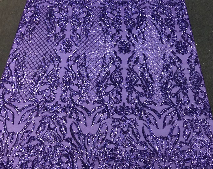 Lavender shiny sequin damask design embroidery on a 4 way stretch mesh-dresses-prom-nightgown-Sold by yard.