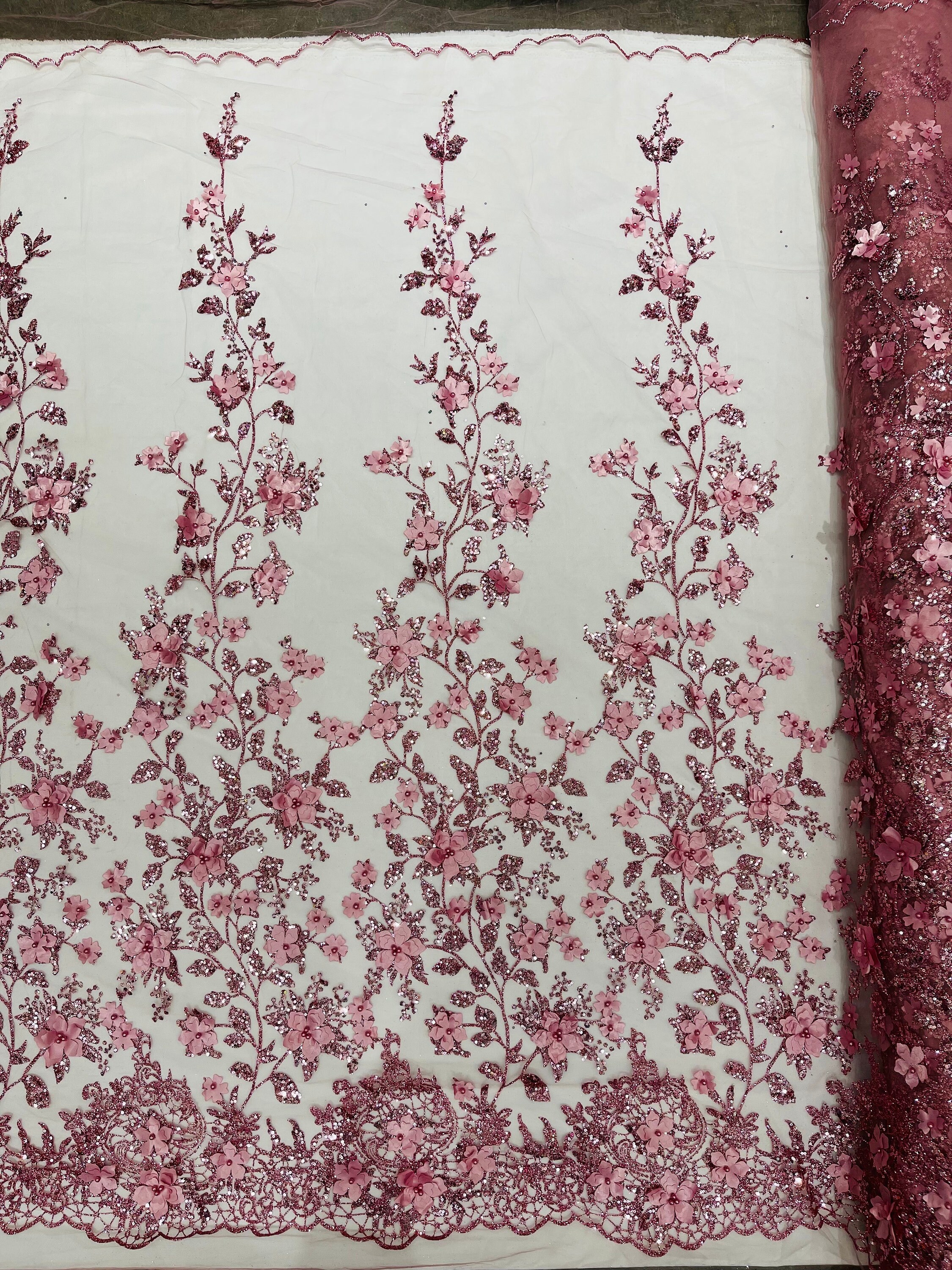 Dusty Rose 3D Princess Satin Flower Glitter Sequin Lace Fabric 54" Wide ...