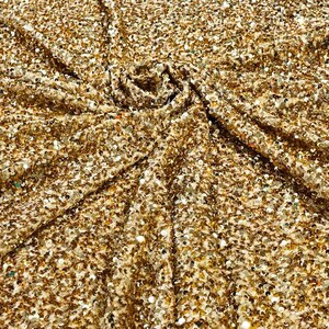 Gold stretch velvet with luxury sequins all over 5mm shining sequins 2-way stretch, sold by the yard.
