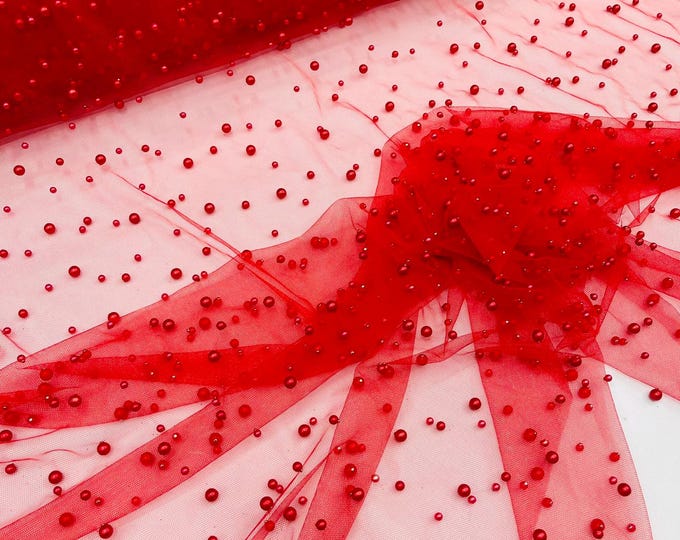 Red Heavy Scattered Pearls Studded Mesh, 2-Way Stretch, sold by the yard.