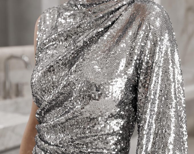 Silver Reversible Sequin Fabric by Yard, Stretch Matte Mermaid Spandex Fabric 54 Wide for Dresses Decor Costumes