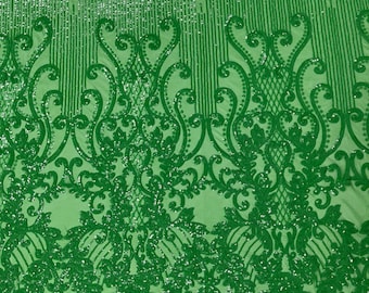 Green damask design on a 4 way stretch mesh-prom-sold by the yard.
