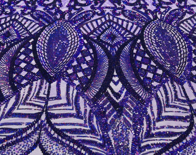 Purple iridescent royalty sequin design on purple 4 way stretch mesh-prom-sold by the yard.