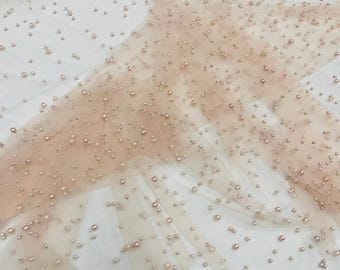 Blush  Heavy Scattered Pearls Studded Mesh, 2-Way Stretch, sold by the yard.