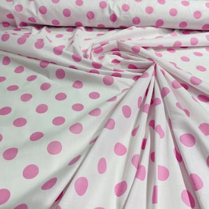 Pink dot  On White 58&quot; Wide Premium 1 inch Polka Dot Poly Cotton Fabric Sold By The Yard.