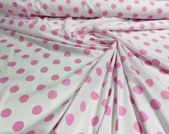 Pink dot  On White 58" Wide Premium 1 inch Polka Dot Poly Cotton Fabric Sold By The Yard.
