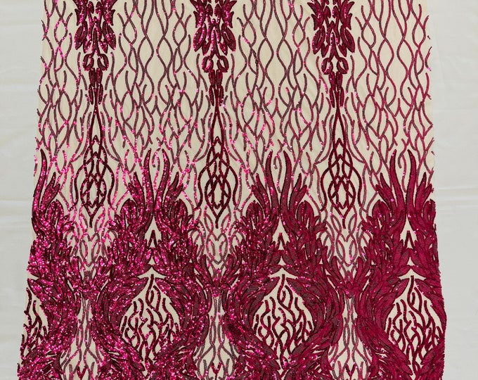 Fuchsia iridescent damask sequin design on a nude 4 way stretch mesh fabric-prom-sold by the yard.