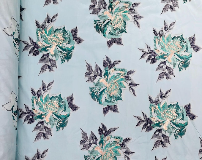 Aqua - Multi Floral Jacquard Satin, Sold by The Yard.