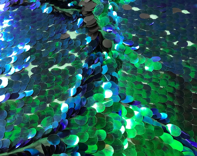 Green hologram iridescent mermaid fish scales on a green mesh-prom-decorations-dresses-sequins-nightgown-craft-sold by the yard.