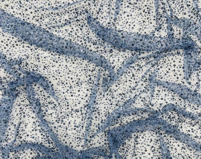 Steel Blue All Over Luxury Beaded Mesh with Pearls, Sequins for Wedding Dresses, Prom Gowns