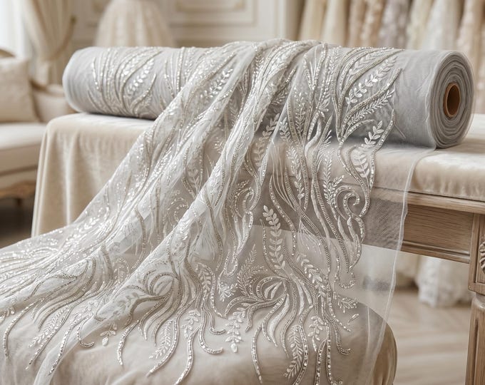 Silver Feather Embroidered Beaded Mesh Lace Fabric By The Yard, Sequin Couture Bridal Lace For Wedding Dresses & Prom Gowns