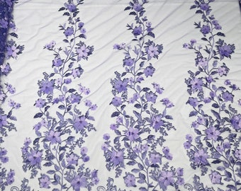 Bright Lavender Emily 3d floral design embroider with pearls in a mesh lace-sold by the yard.